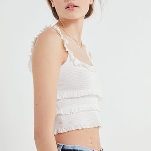 UO Pepita Smocked Ruffle Cropped Tank Top